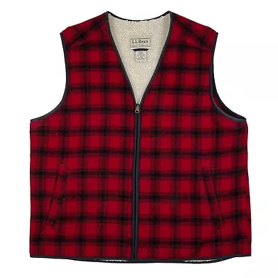 VTG LL Bean Buffalo Plaid Sherpa Lined Wool Vest Pockets Full Zip Size L • $69