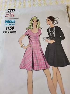 VOGUE Vintage 70s Sewing Pattern 7721  Stylish Dress Sz 12 Bust 34 Uncut FF  • $11.99
