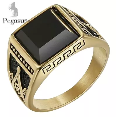 SIZE P - Mens Gold & Onyx Mason Masonic Chunky Ring • £14.99