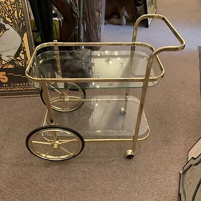 Vintage Tea Cart Bar Tea Serving Cart France Gold Brass Glass  27”h X 13.5 X 24” • $899