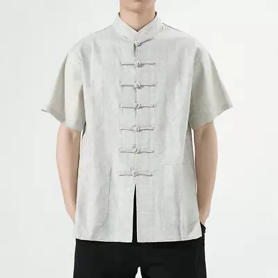Mens Mandarin Collar Chinese Frog Button T-Shirt Linen Short Sleeve Shirt Top • $31.86
