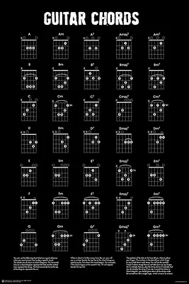 GUITAR CHORDS CHART - BLACK & WHITE POSTER - 24 X 36 - MUSIC 11465 • $10.95