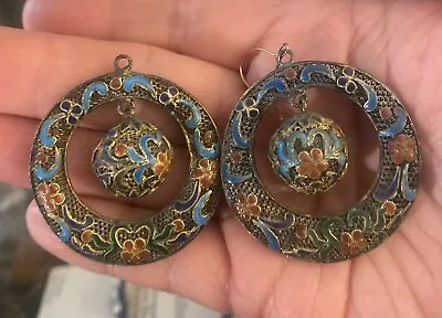 Chinese Export Silver Enamel Earrings Need French Hooks Vtg • $105