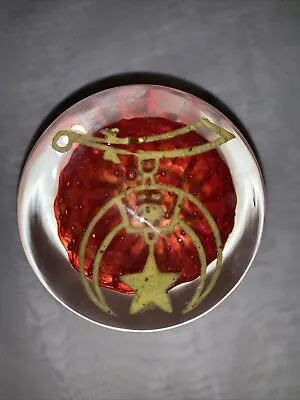 Vintage Masonic Shriners Glass Paperweight Round Size Red Yellow • $10