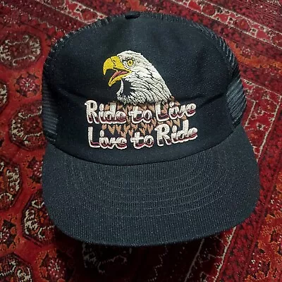 Vtg 80s Ride To Live Motorcycle Snapback Hat American Eagle Black Mesh Trucker • $59.99