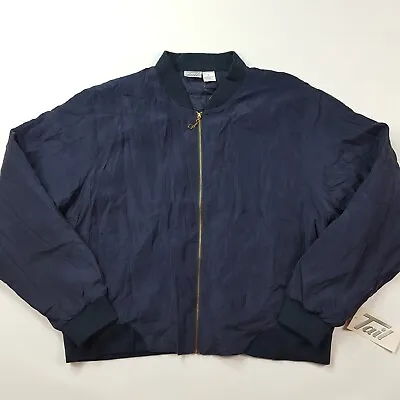 Navy Blue 100% Silk Womens XL Bomber Zip Up Track Jacket Windbreaker • $34.99