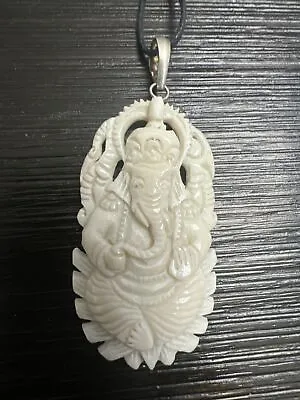 Ganesha Pray Meditate Sterling Silver 925 Hand Carved Cow Bone Pendant Necklace • $18