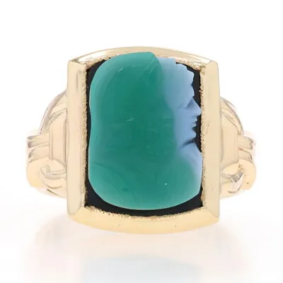 Yellow Gold Banded Agate Vintage Men's Ring - 10k Cameo Ancient Warrior Milgrain • $499.99