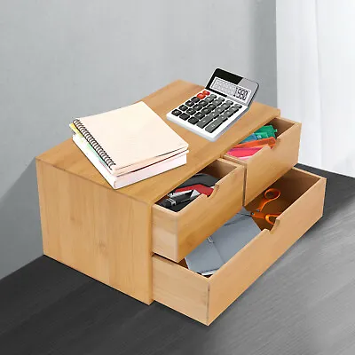 Bamboo Desk Organizer -Tabletop Mini Bamboo Desk Drawer Storage Box W/ 3 Drawers • $32.30