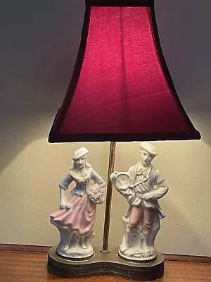 Antique Victorian Couple  Porcelain Figurine  Lamp W/ Metal Base  18.5” W/shade • $48