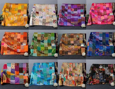 £66.66 • Buy Vintage Patchwork Kantha Bedspread Indian Handmade Quilt Throw Silk Boho Blanket