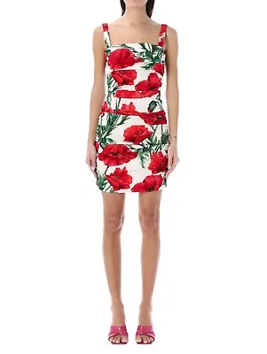 DOLCE & GABBANA Dress White Red Floral Cotton Mini Ruched Bodycon 36IT UK4 XS • $1036