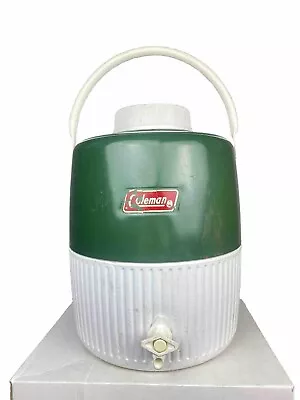 VINTAGE COLEMAN GREEN METAL/WHITE PLASTIC LARGE WATER JUG-USED-CLEAN W/SOME RUST • $8.50