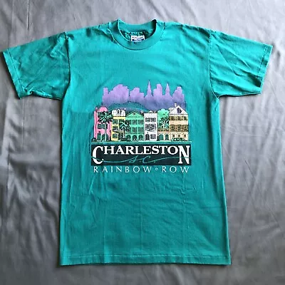 Vintage Charleston SC Rainbow Row Single Stitch Souvenir Tee Medium Teal VTG 80s • $24.99