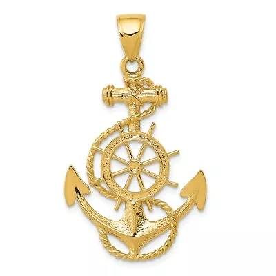 14k 14kt Yellow Gold Large Anchor With Wheel Pendant 39mm X 24mm • $379