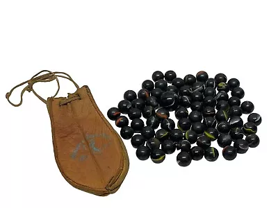 Lot Of Vintage Black Red Yellow White Swirl Marbles + Shooter & Leather Bag • $19.99