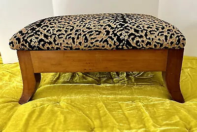 $72 • Buy Vintage WOOD FOOTSTOOL ￼Leopard Print Padded ￼Fabric Upholstery ~18W X 13D X 8H