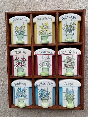 Vintage Wooden Spice Rack With 9 Floral Hand Painted Spice Jars Japan • $16