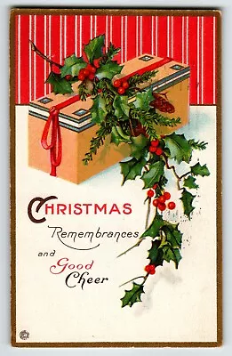 Christmas Postcard Wrapped Gift Stripes Poinsettia Leaves Greetings 1920 Stecher • $7.23