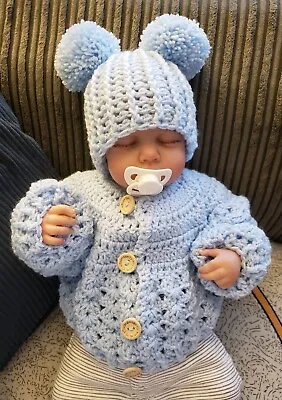 Newborn Baby Boys Hand Knitted Crochet Hat And Cardigan Blue • £25