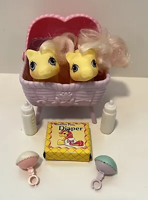 Vintage G1 My Little Pony Newborn Twins Baby Milkweed Tumbleweed W/ Accessories • $55.99