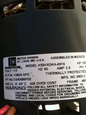 $65 • Buy EMERSON K55HXDKA-6916 Blower Motor 115V 1080RPM 4SPD 1/5HP 1PH D340086P02