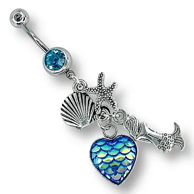 14g Blue Cz Dangle Mermaid Starfish Shell Heart Fish Scale Belly Ring B496 • $9.99