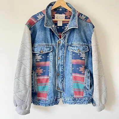 Vintage Ash Creek Trading Denim Jacket Aztec Sweatshirt Sleeves Sz XL Unisex • $29.99