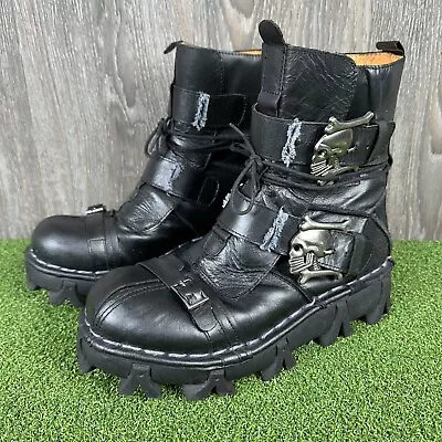 Boseton Black Leather Boots Men's Size 260 US 9/9.5 Skull Bones Goth Biker 1809 • $74.99