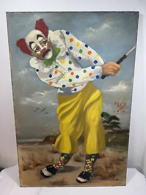 Vintage Mid Century Signed Canvas Painting Clown Golfing Pebble Beach • $225