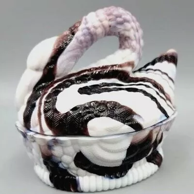 Vintage Hsinchu Purple White Swirl Slag Milk Glass Swan Goose Candy Dish W/ Lid • $39.95