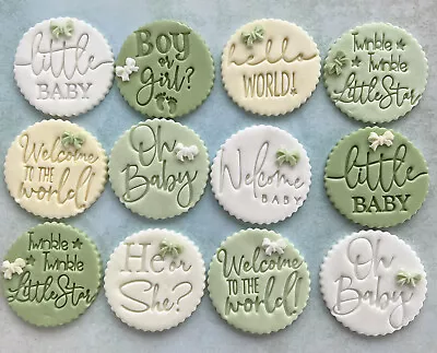 12 Green & Cream Baby Plaques Edible Fondant Cupcake Toppers Baby Shower • £10.95