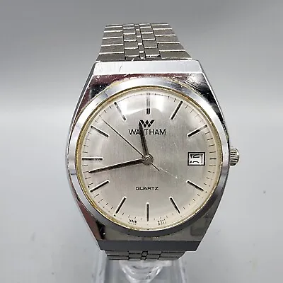 Vintage Waltham Watch Men Silver Tone Silver Dial Date 34mm Round New Battery • $26.99