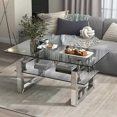 Coffee & End Tables Modern Transparent Tempered Glass Rectangular Metal Silver • $260.01