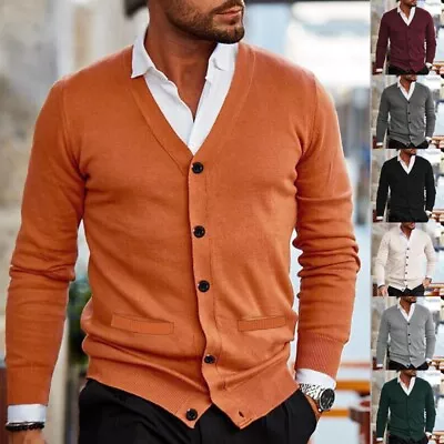 Men Solid V Neck Cardigan Knitted Jumper Long Sleeve Button Up Warm Sweater Tops • £22.99