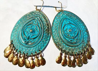 • Vintage • Large Oval Metal Turquoise Gold Color EARRINGS • 2  Drop * ELEGANT • • $4