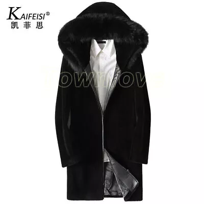 Men Coat Fur Hooded Sheep Sheared Fur Mid-length Black Genuine Leather Jacket • $191.39