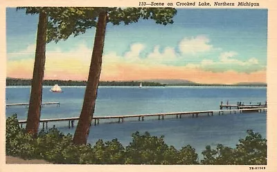 Postcard MI Scene On Crooked Lake Northern Michigan 1947 Linen Vintage PC J2035 • $3