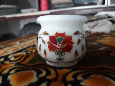 6  Antique White Marble Matka Flower Vase Pot Malachite Inlay Collectible E34 • $280