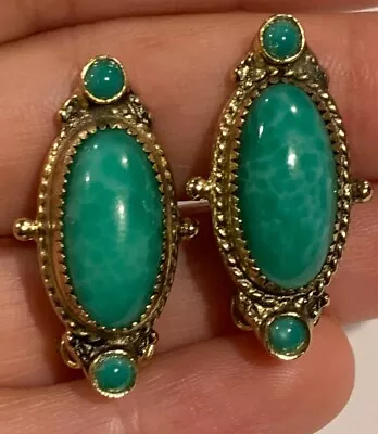 Vintage Whiting & Davis Gold Turquoise Blue Art Glass Earrings 1.5” • $42.49