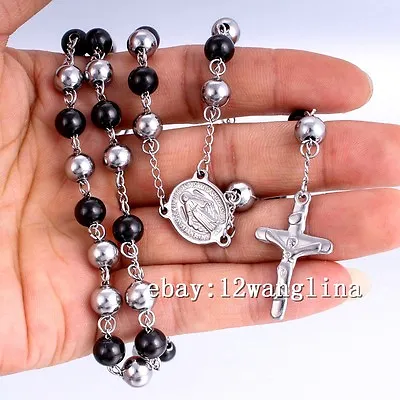 Mens Chain Silver Black Bead Rosary Stainless Steel Jesus Cross Pendant Necklace • $4.64