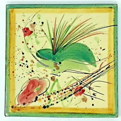 Vintage Ceramic Art Tile Trivet 7 3/4  Square Abstract Design Greens Pink Yellow • $16.99