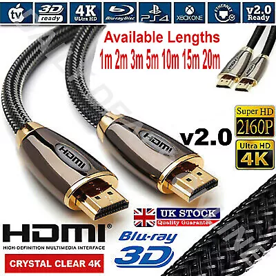 £9.49 • Buy Premium V2.0 Hdmi Cable Hd High Speed 4k 2160p 3d Lead 1m/2m/3m/5m/10m/15m/20m