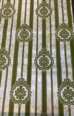 Vntg 70s Flocked Wallpaper Moss Green Stripe & Medallion W/Metallic Gold 2xroll • $225