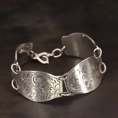 VTG Sterling Silver - VICTORIAN Flower Engraved Panel 7  Chain Bracelet - 34g • $22.38