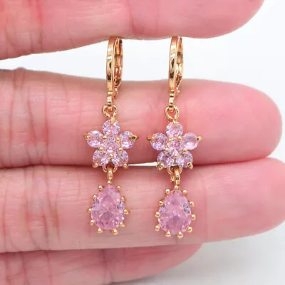 18K Yellow Gold Filled Women Fashion Pink Mystic Topaz Flower Teardrop Earrings • $1.95