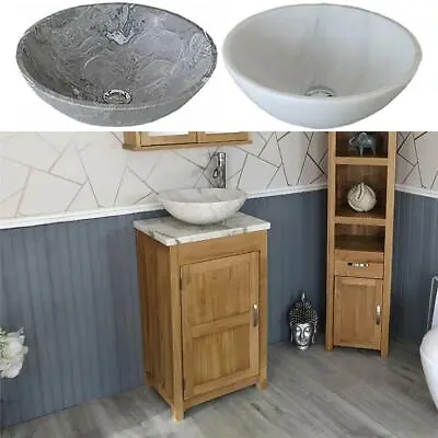 Cloakroom Bathroom Vanity Unit Oak Cabinet Wash Stand White Marble Stone Basin • £519