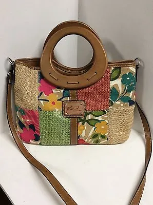 Kim Rogers Handbag Shoulder Bag Woven Fabric Wooden Handles H11 • $29.99