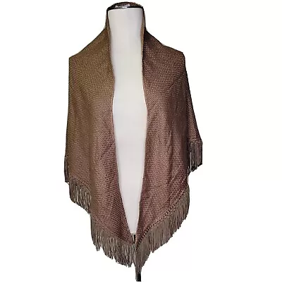 $85 • Buy Bajra Handmade Brown Cashmere Silk Fringe Basketweave Shawl Scarf Triangular 