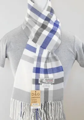 DG Men's Winter Scarf Check-PlaidWhite Gray Blue Cashmere FeelWarm*Unisex • $9.98